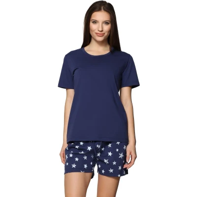 Afbeelding van Merry Style MS MS10 177 PJ Dames Pyjama ronde hals korte mouwen broek zonder zakken Katoen Marineblauw/Blauwe Sterren L