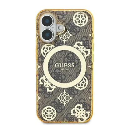 Afbeelding van GUESS, Backcover Geschikt voor Apple iPhone 16 met pioenmotief 4G MagSafe, Bruin