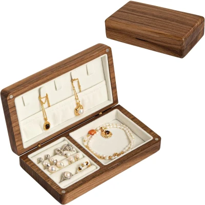 Afbeelding van Sieradendoosje voor op reis, klein hout, juwelendoosje van fluweel, sieradenorganizer, vintage opbergdoos, sieradenkoffer dames, cadeau idee