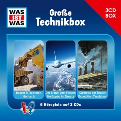 Afbeelding van WAS IST 3 CD Hörspielbox. Große Technikbox: Traum vom Fliegen/Helikopter, Bagger &amp; Traktoren/Mechanik, Reise der Titanic/Expedition Tauchen