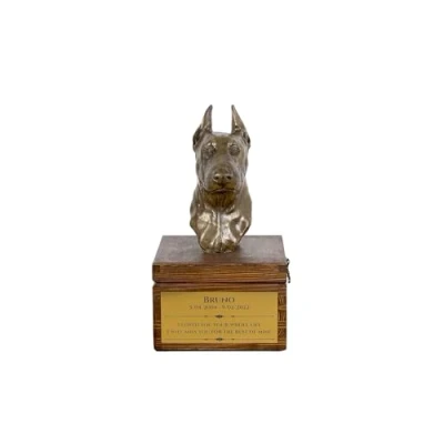Afbeelding van Art Dog handgemaakte aangepaste hondenherdenkingsurn koudgegoten bronzen hondenkop op berkenbasis langdurige hondencrematiedoos 16x28x16cm Doberman