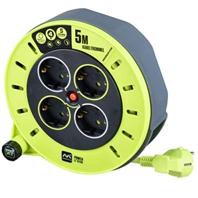 Afbeelding van Masterplug Pro XT kabelhaspelverlengkabel met 4 aansluitingen, oprolzwengel en warmtebescherming, 5 meter goed zichtbare kabel