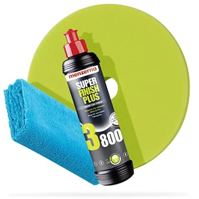 Afbeelding van detailmate Menzerna autopolijstset: korrel 3800, 250 ml met bijpassende polijstpad: Soft Cut Foam Pad Premium 150 mm + zachte microvezel polijstdoek 40 x cm, 450 GSM