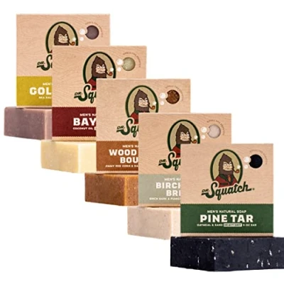 Afbeelding van Dr. Squatch Natuurlijke zeepstuk voor mannen, set van 5 stuks om uit te kiezen laurierrum, berkenhoutbries, goudmos peeling, grenenteer, houten vat Bourbon