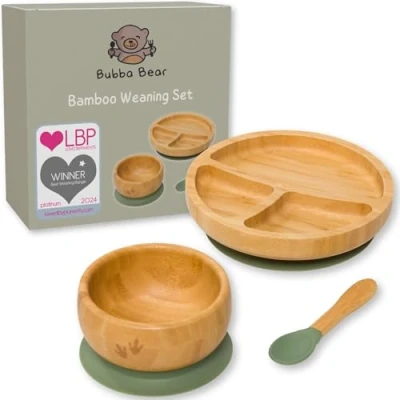 Afbeelding van Bubba Bear ® Babyspenen set Bamboe borden, kommen en lepels voor peuter led voeding zuigplaat, kom lepelsets baby&#039;s vanaf 6 maanden Optioneel bijpassende kinderslabbetje