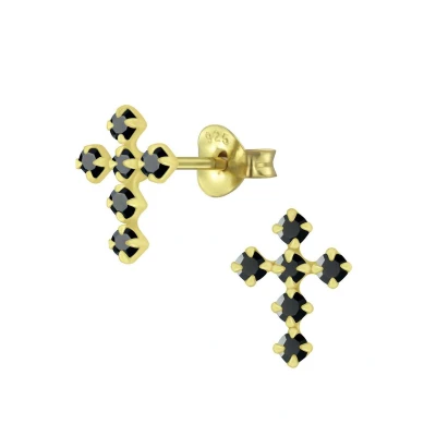 Afbeelding van JoyS Zilveren kruis oorbellen 7 x 10 mm zwart kristal 14k goudplating