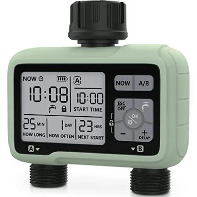 Afbeelding van Kazeila Watertimer irrigatiesysteem, 2 uitgangen watersproeier, timer, gazon en tuinbewateringsapparatuur/automatisch bewateringssysteem/IPX5 waterdicht/kindervergrendelingsmodus/sproeiers voor