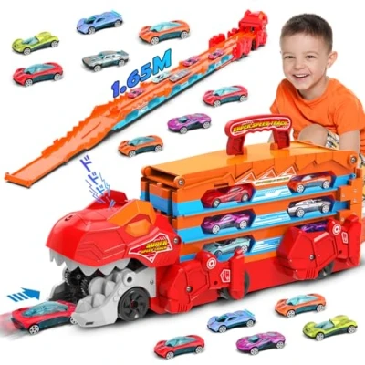 Afbeelding van VATOS Dinosaurus transporttruck auto speelgoed 2 in 1 uitworp opvouwbare draagbare track met 8 raceauto&#039;s, drager voertuigen speelgoedset voor kinderen jongens 3 5 jaar oud