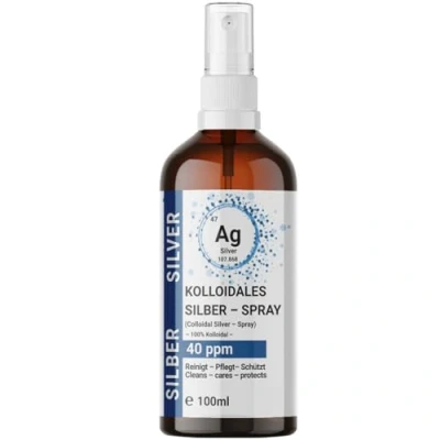 Afbeelding van 1 x 100 ml colloïdaal zilveren spray (40 ppm) in bruine glazen fles, spuitfles, zilverwater, zuiver water