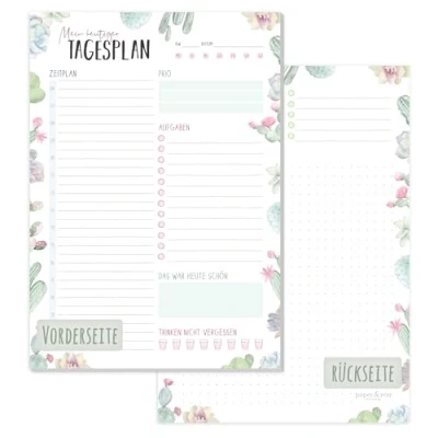 Afbeelding van paper&amp;you® A5 dagplanner, blok, cactussen, 50 vellen, dagelijkse planner met to do lijst, tijdschema, Prios, daghoogligging en meer, duurzaam klimaatvriendelijk