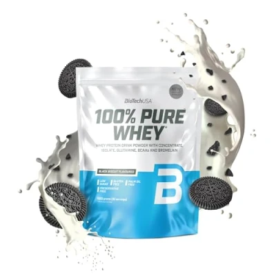 Afbeelding van BioTechUSA 100% Pure Whey Eiwitpoeder met BCAA en Glutamine Glutenvrij, Palmolievrij 21g Eiwit per portie, 1 kg, Zwart Biscuit