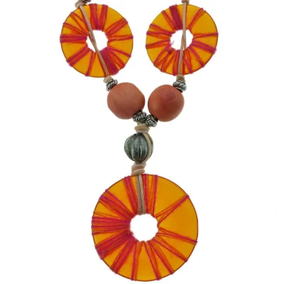 Afbeelding van Behave Roze en oranje ketting met ronde houten kralen