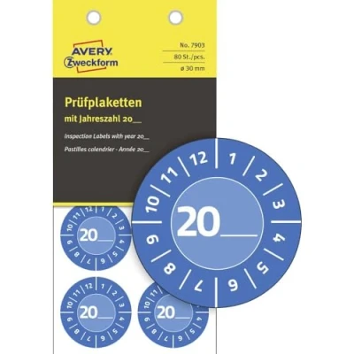 Afbeelding van AVERY Zweckform 80 stuks teststickers 20xx (met jaarnummer om zelf in te vullen, duurzaam, sterk zelfklevend, Ø30 mm, teststickers, beschrijfbaar testzegel van vinyl kleeffolie) 7903 blauw