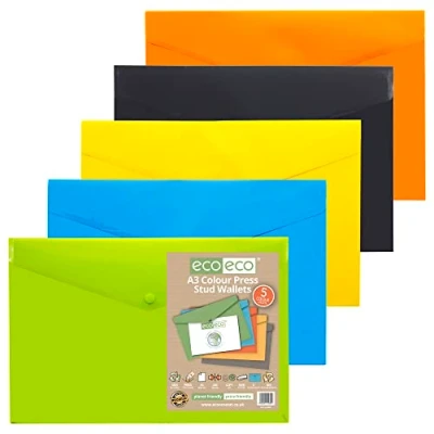 Afbeelding van eco A3 50% gerecycleerd diverse kleuren Press Stud Popper portemonnee, plastic mappen (Pack van 5)