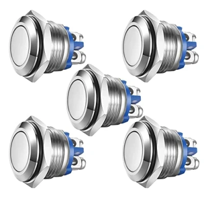 Afbeelding van Gebildet 5pcs Kortstondige Drukknop Roestvrij Staal Metalen Waterdichte Knop 16mm 2A 12V/24V/125V/250V met 2 Schroefaansluitingen Knop(Platte Kop)