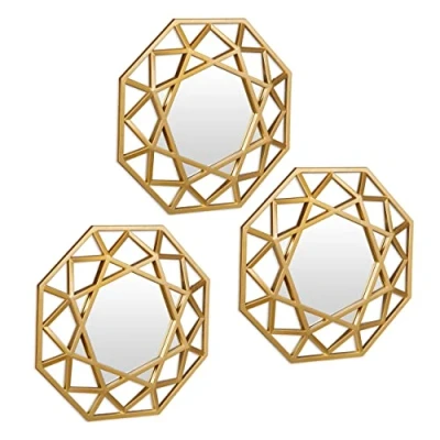 Afbeelding van Relaxdays wandspiegel set van 3, muurspiegel, diamantvorm, voor woonkamer of hal, HxB: 25 x cm, kunststof frame, goud