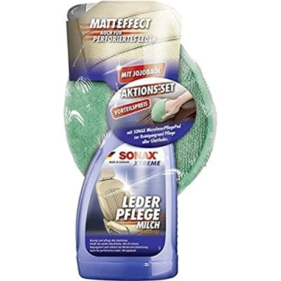 Afbeelding van SONAX XTREME leerverzorgingsmelk (500 ml) met microvezelpad (1 stuk) actieset voor het reinigen en onderhouden van glad echt kunstleer art.nr. 02547410