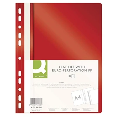 Afbeelding van Q CONNECT KF15666 Plastic snelhechter A4, rood, 10 stuks, kunststof nietjes, geperforeerde nietmachine met labelstrips, transparant deksel, gaten, Euro perforatie