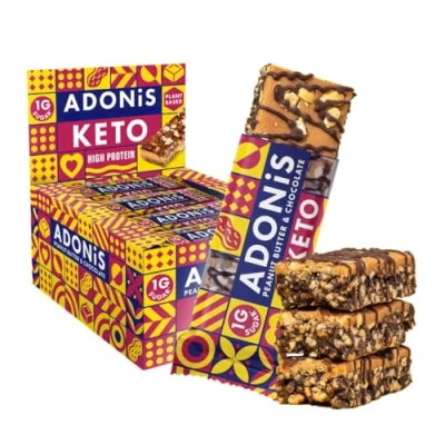 Afbeelding van Adonis Keto Peanut Butter &amp; Chocolate High Protein Repen (16 x 45g repen) Vegan 100% natuurlijk Vrij van gluten, suiker, palmolie en zuivel Weinig suikers, caloriën koolhydraten