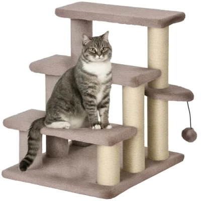 Afbeelding van PawHut Kattentrap, 3 traps huisdiertrap met krabzuilen, bal, hondentrap, dierentrap voor katten tot 5 kg, pluche, jute, bruin, 45 x 40 48 cm