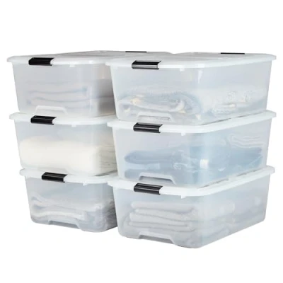 Afbeelding van Iris Ohyama, Kunststof opbergboxen met deksel en sluitclips, 30L, Set van 6, Geïntegreerde Handvatten, Stapelbaar, BPA vrij, Slaapkamer, Kantoor, Woonkamer, TBH 30, Helder