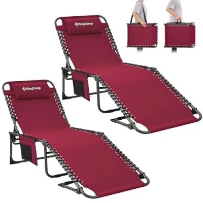 Afbeelding van KingCamp Campingligstoel, zonnebed, tuinligstoel, campingbed, opklapbed met verstelbaar rugpaneel en hoofdkussen, voor tuin, vakantie, outdoor, set van 2, wijnrood