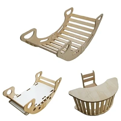 Afbeelding van Montessori Klimboog, boogwip, houten wip, met glijbaan, tafelblad, stoel, speelgoed, baby, kinderen, 5 in 1 klimboog klimwand, balansbord, bureau
