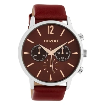 Afbeelding van OOZOO Timepieces Zilverkleurige horloge met bordeaux rode leren band C10356