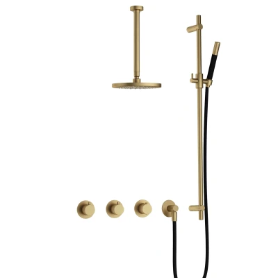 Afbeelding van Hotbath Cobber Regendoucheset IBS70 Geborsteld Messing Staaf handdouche 20cm Hoofddouche 30cm Plafondbuis Handouche met glijstang