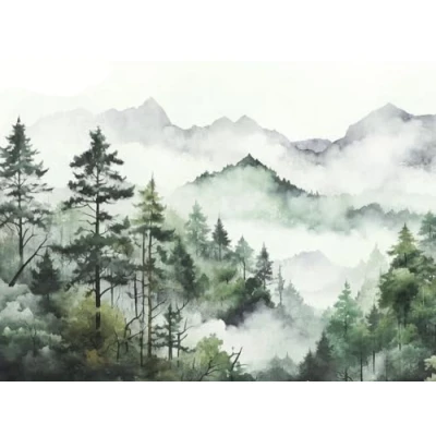 Afbeelding van behang bos in aquarel optiek, waterverf groen vliesbehang voor slaapkamer 398991, dennenbos 39899 1, BRICOFLOR.nl