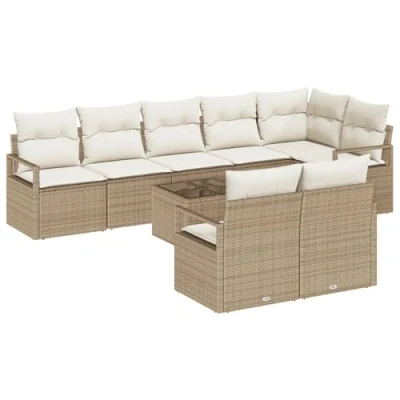 Afbeelding van vidaXL 9 Delige Tuin Sofa Set met Kussens Bruin Poly Rattan, 2 Persoons Beige Rattan