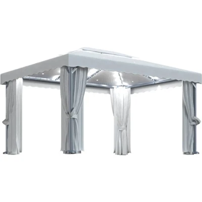 Afbeelding van vidaXL Prieel met gordijn en LED lichtslinger 4x3 m crèmewit