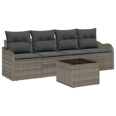Afbeelding van vidaXL 5 Delige Tuin Sofa Set met Kussens Grijs Poly Rattan, 2 Zits Rattan