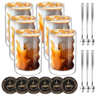 Afbeelding van Mkitnvy Latte macchiato glazen, 350 ml, dubbelwandige glazen met 6 lepels en onderzetters, dubbelwandig, van borosilicaatglas, voor cappuccino, latte, thee, ijsthee,