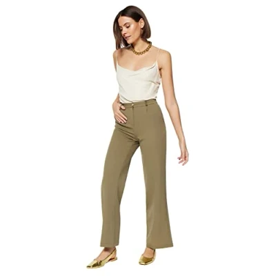 Afbeelding van Trendyol Dames Basic hoge taille wijde pijpen broek met pijpen, Licht Kaki, 60