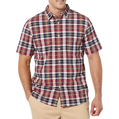 Afbeelding van Amazon Essentials Heren Slim Fit Poplin Shirt met korte mouwen, marineblauw rood wit geruit, groot