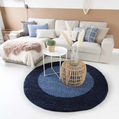 Afbeelding van Hoogpolig Tapijt/Vloerkleed Shaggy Trend Lijstmotief Rond Blauw 120 Cm