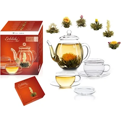 Afbeelding van Creano Theebloemenmix Cadeauset &quot;Erblühtee&quot; Gourmet Set met glazen pot 0,5l en 2 theekopjes 200ml witte thee (6 verschillende soorten)