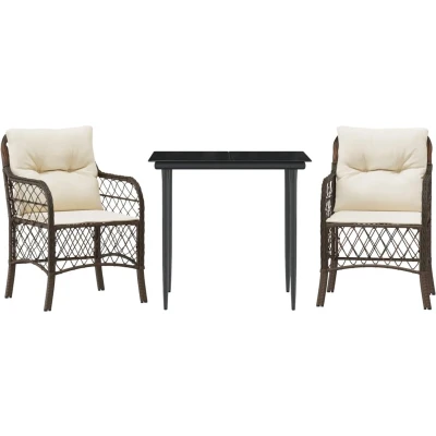 Afbeelding van 3 delige Bistroset met kussens poly rattan bruin