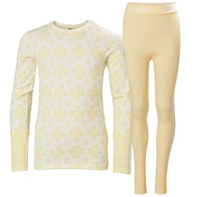 Afbeelding van Helly Hansen Unisex Kid&#039;s Jr Graphic LIFA Merino Set Base Layer Bottom, 367 Geel Crème Sneeuwvlok Aop, 16 Jaren
