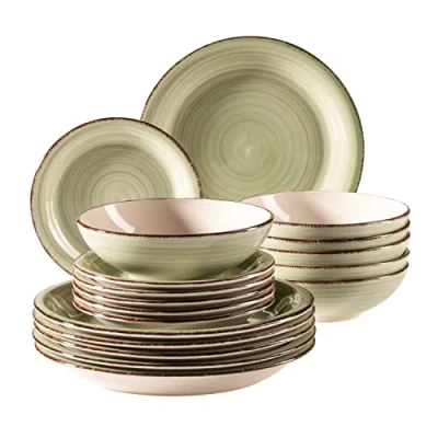 Afbeelding van MÄSER 931876 Bel Tempo II, bordenset voor 6 personen in moderne vintage look, 18 delig tafelservies, handbeschilderd keramisch servies, aardewerk, groen