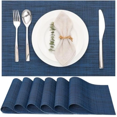Afbeelding van Myir JUN Placemats Set van 6, Vinyl Geweven Wasbaar Hittebestendige Antislip Geschikt voor Keuken Familie Restaurant Koffiebar (Marineblauw)