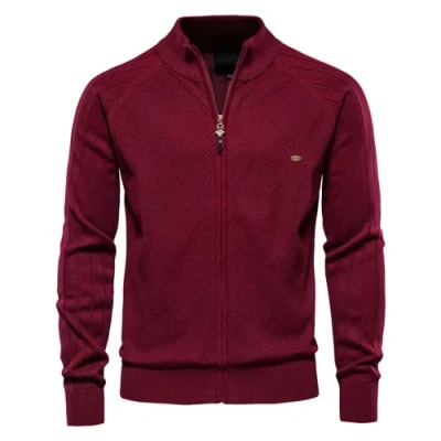 Afbeelding van OHXSM Heren Vest Volledige Zip Gebreide Trui Grof Jas Stand Kraag Lange Mouw Jumper Uitloper Mens Met Knitwear Jumper, E red, M