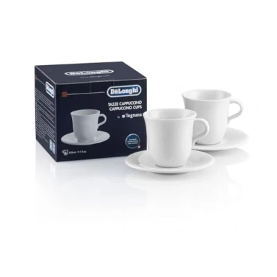 Afbeelding van De&#039;Longhi Cappuccinotkopjes set DLSC309 2 handgemaakte keramische kopjes met schoteltjes, magnetron en vaatwasmachinebestendig, 270 ml, wit