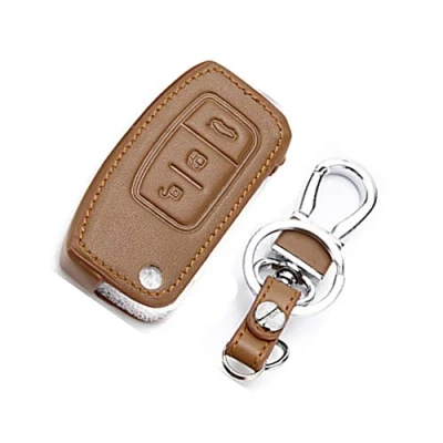 Afbeelding van Happyit Echt leer gevouwen sleutelhoes voor Ford New Fiesta Ecosport Focus 2 MK2 2012 2013 2014 2015 2016 met sleutelhanger (bruin)