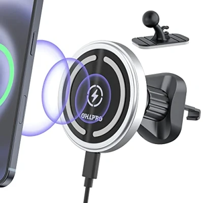 Afbeelding van OHLPRO voor Mag safe Autohouder Oplader, Snelladende Magnetische Auto Telefoonhouder iPhone 15 14 13 Series, met Uitschuifbare Metalen Ventilatiehaak, Horizontale en Verticale Luchtroosters