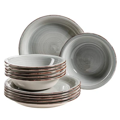 Afbeelding van MÄSER Bordenset voor 6 personen in moderne vintage look, 12 delig tafelservies, handbeschilderd, blauw, aardewerk, rookblauw (Bel Tempo II)