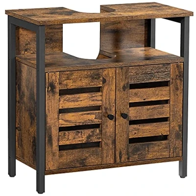 Afbeelding van VASAGLE Wastafelonderkast, badkamerkast, opbergkast, 60 x 30 cm, met stalen frame, lamellendeuren, verstelbare plank, industriële stijl, rustiek bruin en zwart BBC901B01