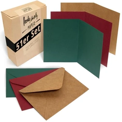 Afbeelding van Japun Set van 51 blanco vouwkaarten inclusief enveloppen, voor ontwerpen, etiketteren of afdrukken DIN A6 / C6 bruin groen rood