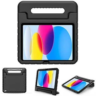 Afbeelding van ProCase Kinderhoes met kickstand voor iPad 10. Genaration 10,9 inch 2022 model A2696 A2757, ultralicht, schokbestendig, robuust kinderbeschermhoes, converteerbaar, handgreep, standfunctie, zwart